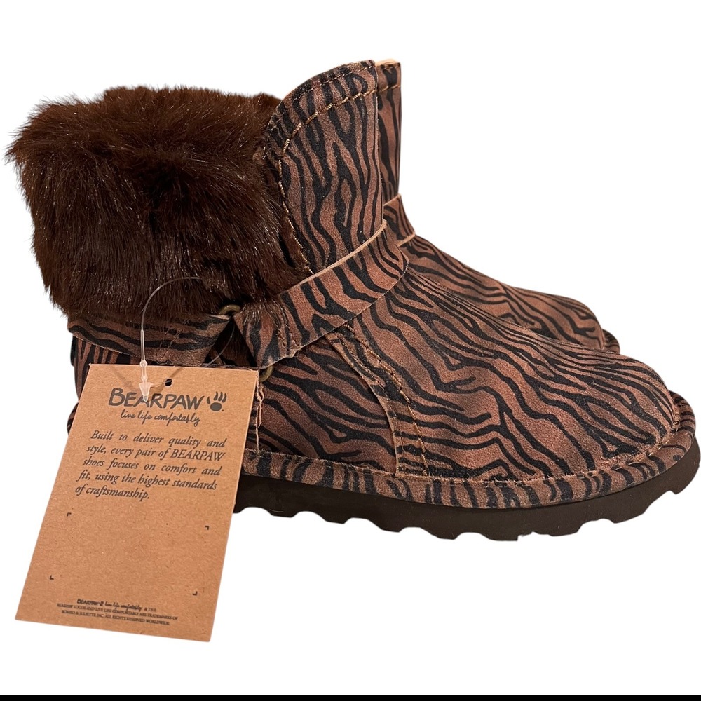 Bearpaw Boots Women 7 Brown Zebra Animal Print Faux Fur Trim Ankle Booties Box